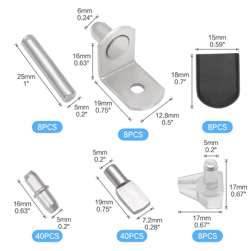 112 Pcs 5 Styles Shelf Nail kit, Metal Nickel Plated Shelf Support pin, Silicone Cover, Suitable for Kitchen Cabinet, Bookcase Support pin and pin 112 PCS Mixed (silver)