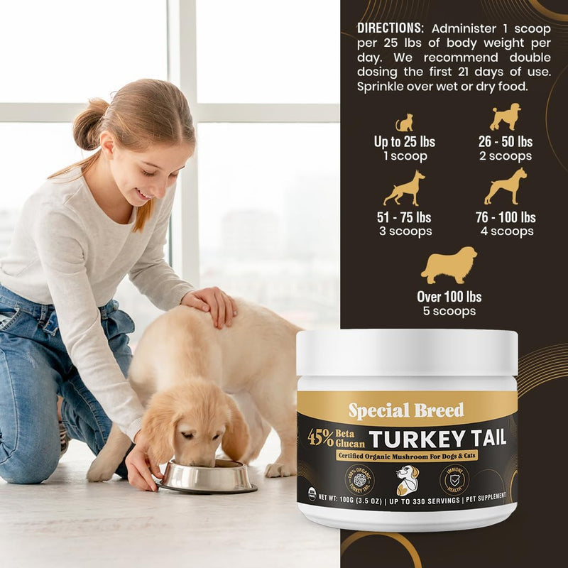 Organic Turkey Tail Mushroom for Dogs and Cats, 45% Beta Glucan Standardized, Hot Water Extracted Whole Fruiting Body, Third Party Tested, Immune and Gut Support, No Fillers, Made in USA, 330 ct 3.5oz
