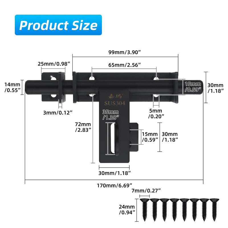 Heavy Duty Barrel Bolts Safety Door Lock, 6.7 Inch Slide Bolt Gate Latch with Padlock Hole,Solid SUS304 Stainless Steel Barrel Bolt Latch for Wooden Fence, Yard Door, Barn Door, Shed Door, Interior Black
