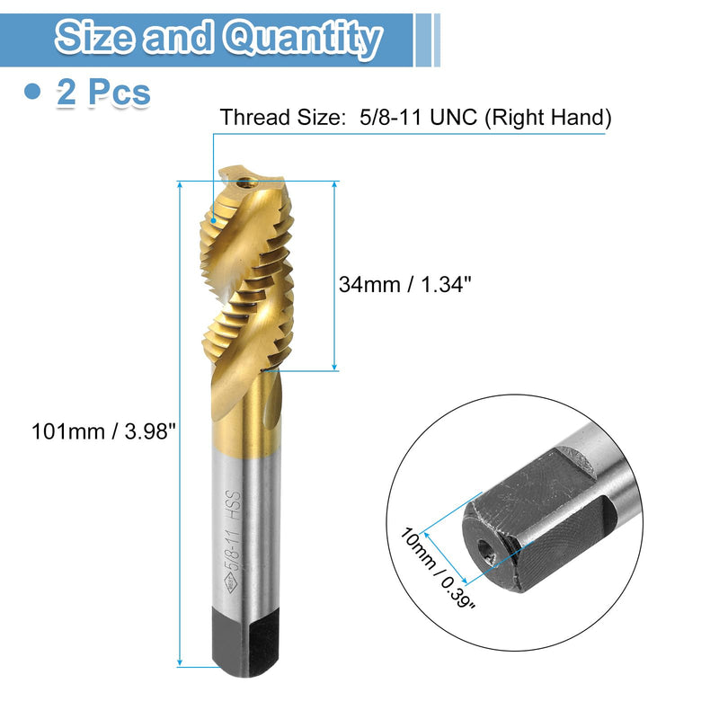 uxcell 2pcs Spiral Flute Thread Taps, 5/8-11 UNC H2 Screw Threading Tap, Titanium Coated 6542 High Speed Steel Machine Tapping Tools for Machinist Repair