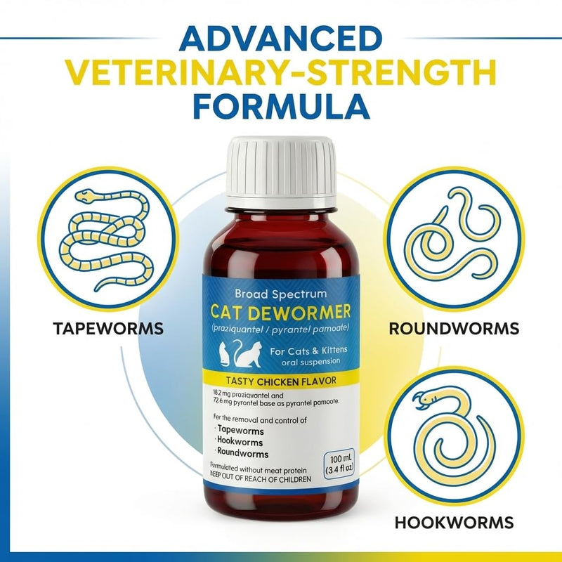 Liquid Dewormer for Cat and Kittens, Praziquantel and Pyrantel Pamoate Oral Suspension, Broad Spectrum Removes Roundworm, Hookworm, Tapeworm, Includes 3ml Dosing Syringe (100ml)
