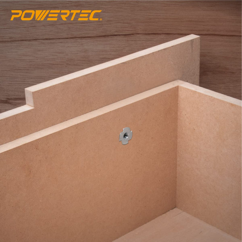 POWERTEC 3/8"-16 T Nuts 50 Pcs, 4 Pronged Tee Nuts for Bolts and Stem Caster Wheels, Threaded Inserts for Wood Working, Rock Climbing Holds and Furniture, for Use with Hammer | 7/16" Length (QTN1115) 7/16"
