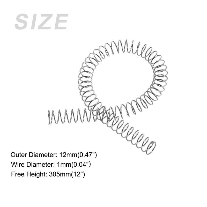 METALLIXITY Compression Springs (1x12mm OD,305mm Free Length) 304 Stainless Steel Extension Spring - for Shop Home Repairs, DIY Projects, Silver Tone 1mm x 12mm x 305mm