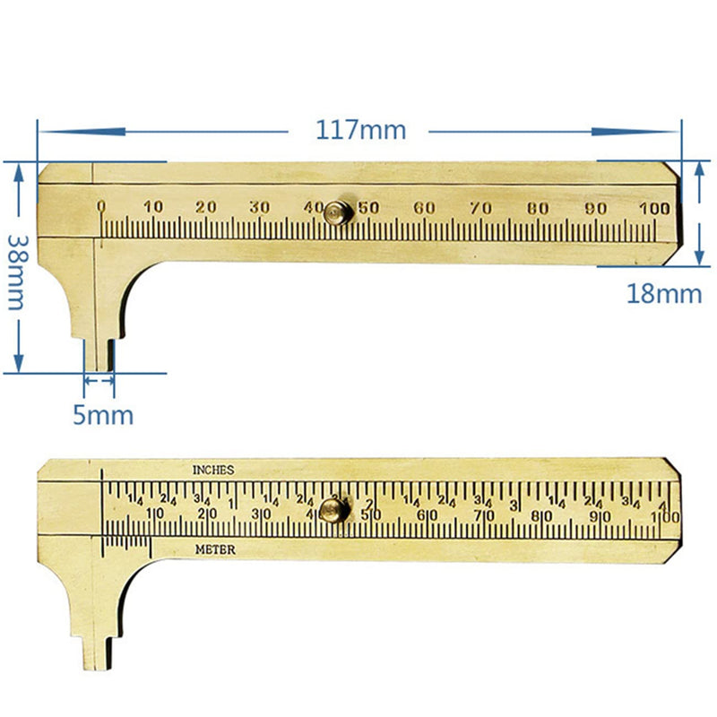 100mm (3.94in) Easy Sliding Gauge Brass Vernier Caliper Ruler Measuring Tool Double Scales mm/inch Mini Brass Pocket Ruler 100mm