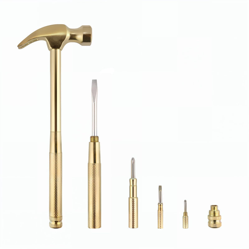 Multifunction Hammer 6 in 1 with Slotted/Flat Head Phillips Screwdriver Claw Hammer Manual, Portable Metal Mini Tool Hammer (Gold) Gold