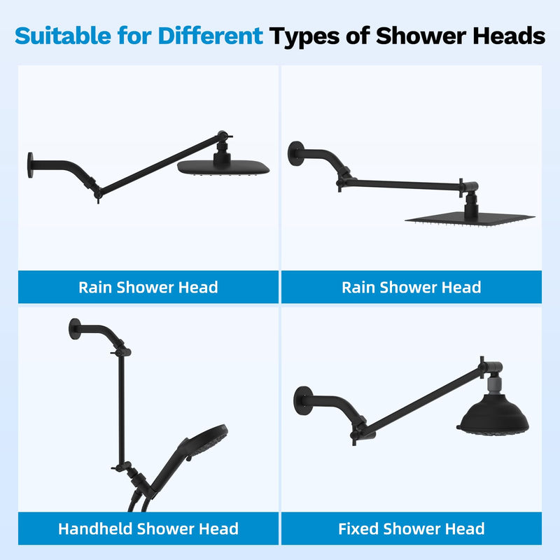 All Metal 11" Black Shower Head Extension Arm, Brass Flexible Shower Head Extender Adjustable Height & Angle, G1/2" Universal Stainless Steel Pipe Extending with Lock Joint for Rain/Fixed Showerhead 11 Inch Matte Black
