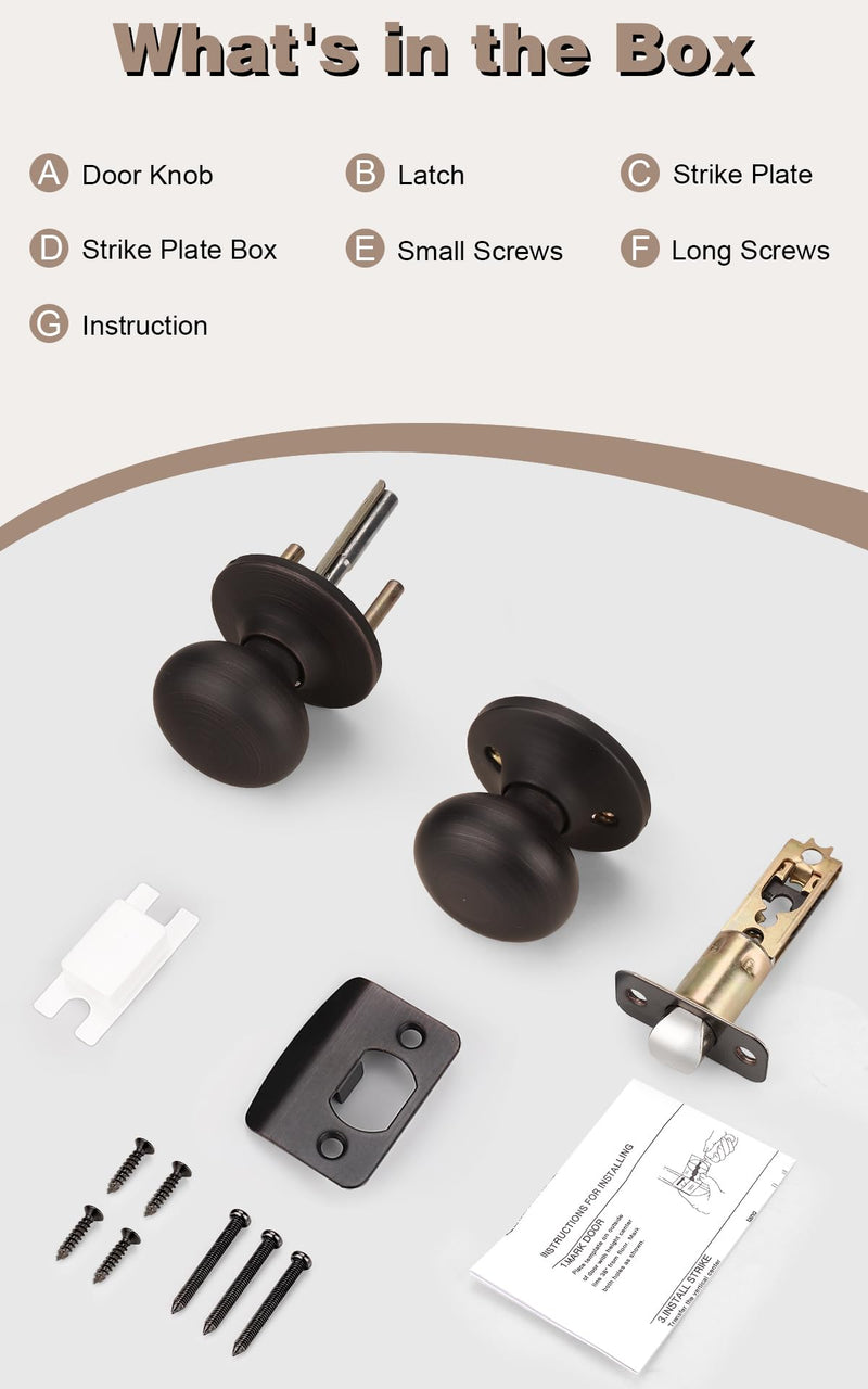 Probrico Closet Door Knob Oil Rubbed Bronze Finish, 2 Pack Standard Size Interior Door Handles with Passage Function, Flat Ball Knob for Closet and Hallway