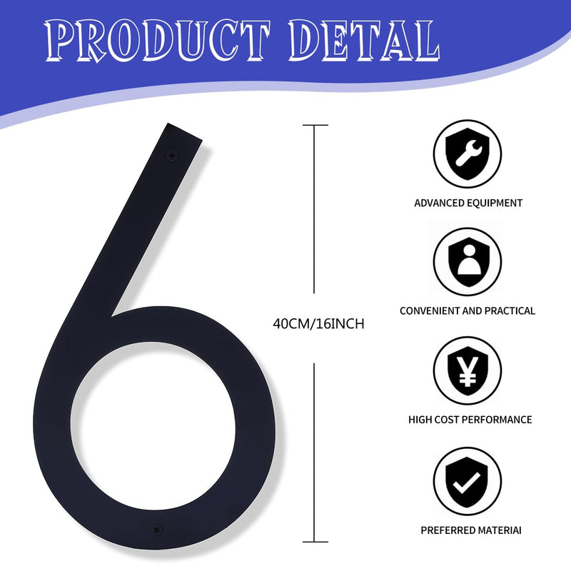 16 Inch Modern House Numbers for Outside,Large Black Metal House Numbers,House Address Numbers for House Address Apartments Wall Door Hotel Garage Gate with Nail Kit Number 6 SIX
