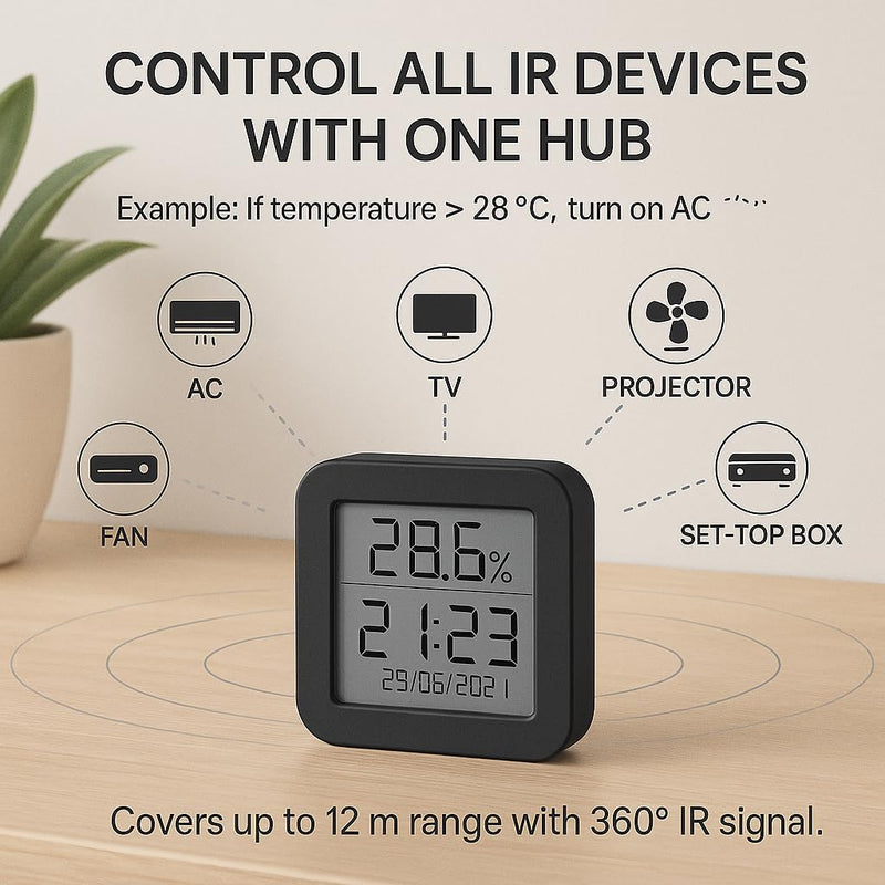 Universal WiFi IR Blaster Hub with Temp & Humidity Monitor (IR Only - No RF Blinds/Garages) - Smart Home Automation for AC, TV & Audio - Compatible with Smart Life Tuya Alexa Google