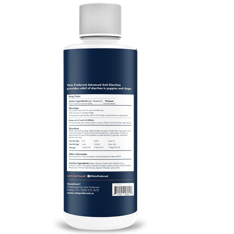Vets Preferred Anti Diarrhea Liquid for Dogs - Dog Diarrhea Medication with Pectin and Kaolin (8 oz.) | Once Every 12 Hours for Dog Diarrhea & Dog Gas Relief 8 oz. - PawsPlanet Australia