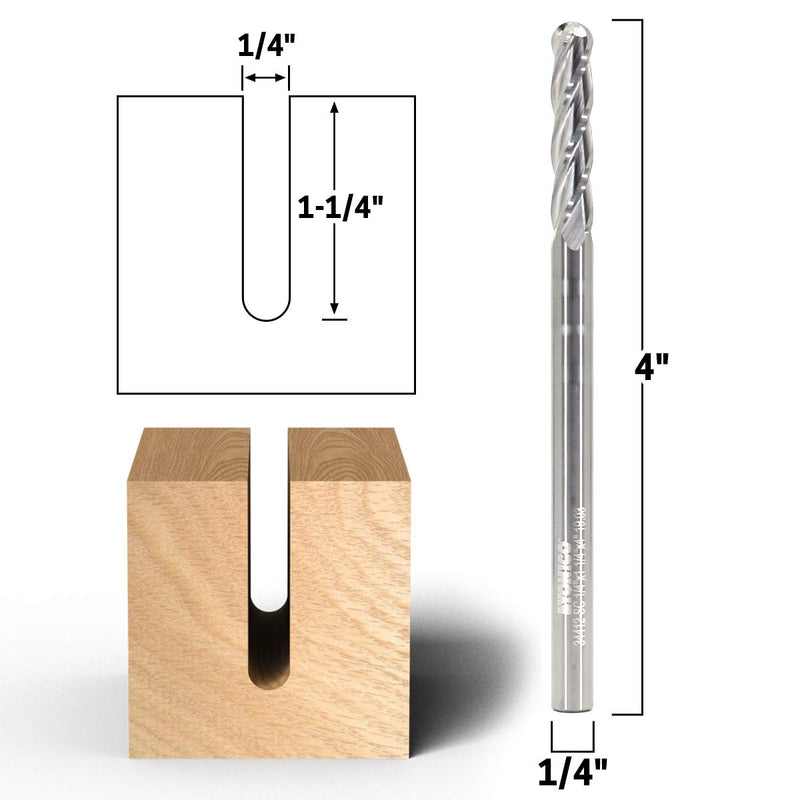 YONICO Carbide Ball Nose End Mill CNC Router Bits 4 Flute Spiral 1/4-Inch Dia. 1/4-Inch Shank 34412-SC 1/4" Diameter - 1-1/4" Length