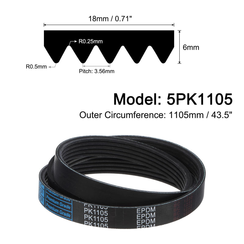 uxcell 5K435/5PK1105 Serpentine Belt 5 Ribs 1105mm Length x 18mm Width x 5mm Thick, EPDM Poly V Belt, Micro V-Ribbed Belt for Vehicle 5PK1105