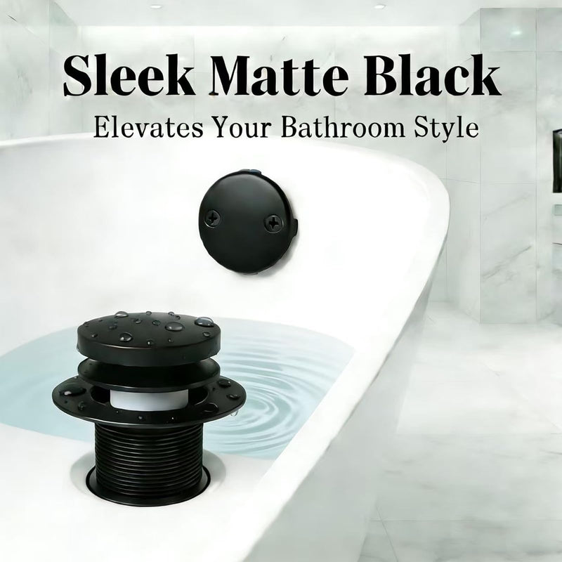 Universal Matte Black Tub Drain and Overflow Kit - Complete 2-Hole Tip-Toe Trim Set with Easy Installation & Fine/Coarse Threads
