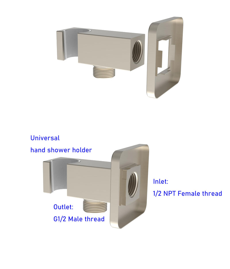Wall Supply Elbow with Flange, Tapered 1/2 NPT Female Inlet, Solid Brass Wall Union With Handshower Holder, Square Wall Supply Elbow With Hand Held Shower Head Bracket, Nickel Brushed PVD