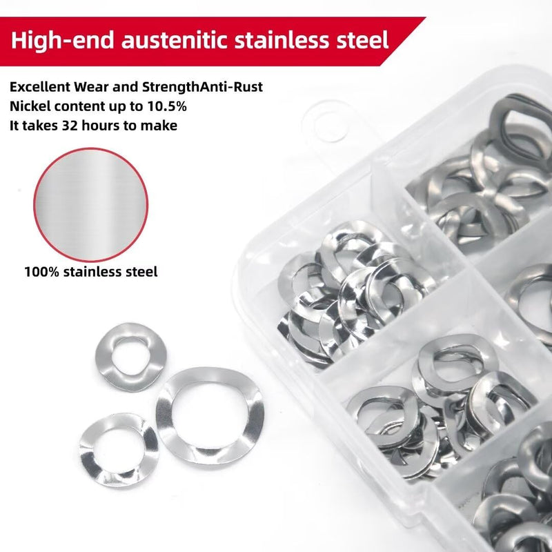 350PCS Spring Wave Washer Gasket Assortment Kit, M3 M4 M5 M6 M8 M10 M12 Wavy Wave Crinkle Spring Washers Sets, 304 Stainless Steel Metric Wave Spring Washer for Screw Bolt. 304 stainless steel M3-M12 Silver