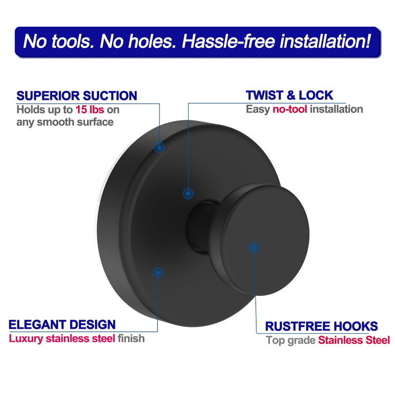 Suction Cup Hooks for Shower, Towel Hooks for Bathroom Window Glass, Bath Robe Looafh Hook for Hanging - 2 Pack, Black