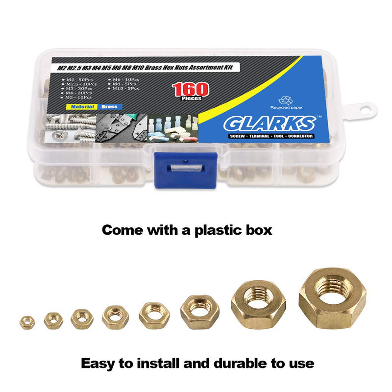 Glarks 160Pcs Metric M2 M2.5 M3 M4 M5 M6 M8 M10 High Strength Brass Hex Nuts Assortment Kit