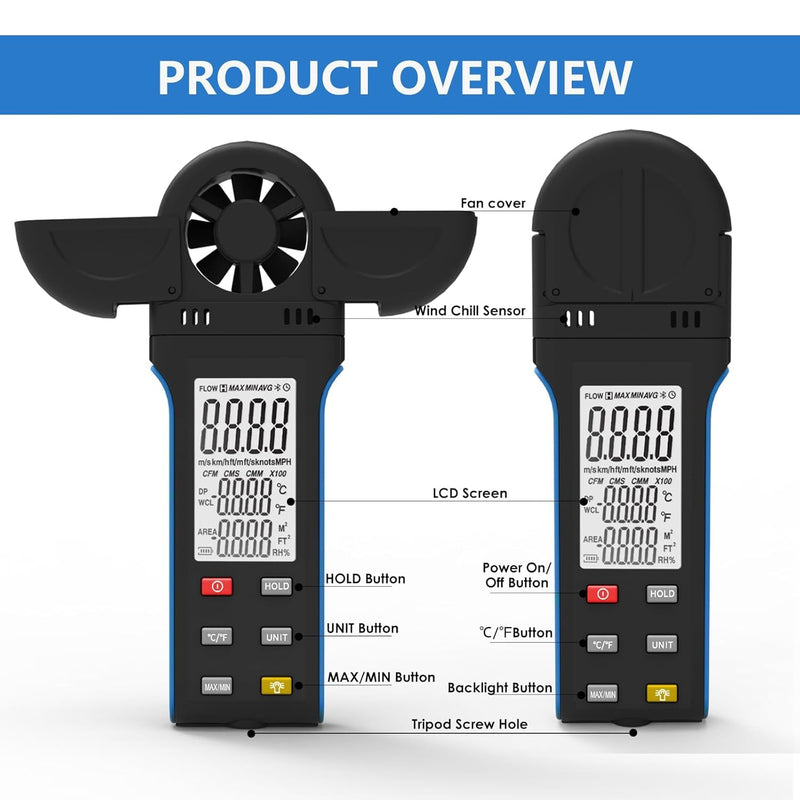 HoldPeak Handheld Anemometer, Digital Wind Speed Meter with Large LCD Display, Vane Cover, 270º Rotatable Detector Portable Anemometer for HVAC Outdoor Sailing Shooting Golf, Weather Monitoring