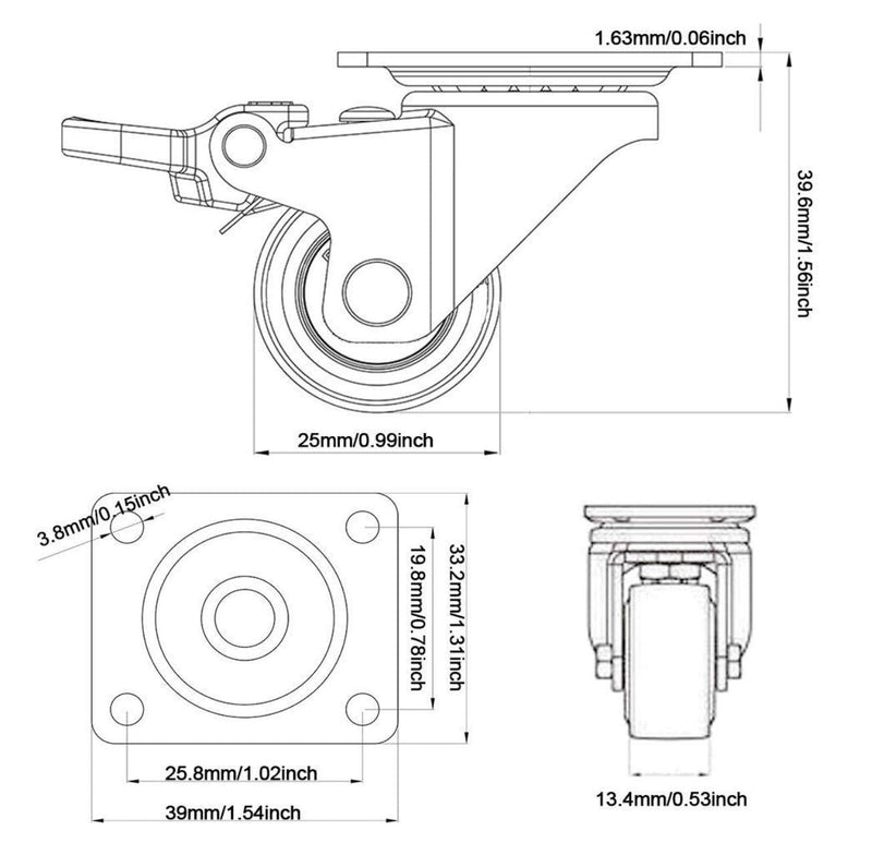 GBL 1" Small Caster Wheels with 2 Brakes + Screws - 90Lbs - Low Profile Castor Wheels with Brakes - Set of 4 No Floor Marks Silent Casters - Mini Wheels for Cart and Furniture