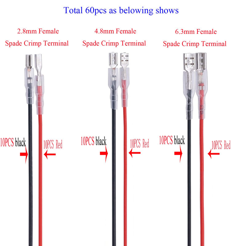 60Pcs 2.8mm 4.8mm and 6.3mm Female Spade Crimp Terminal with Insulating Sleeve and Wire,Female Spade Quick Splice Connector Assortment Kit with 25cm red Black Wires