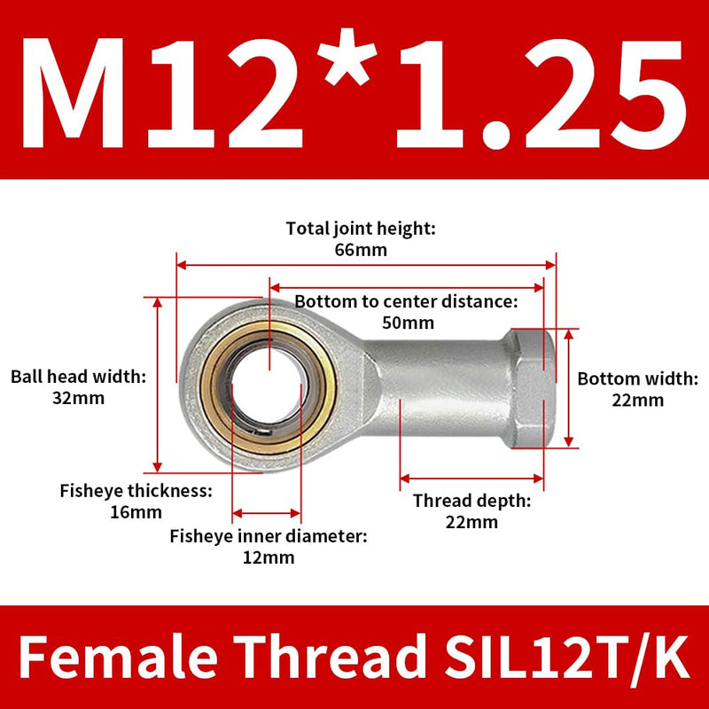 Rod End Bearings, 2PCS SIL12T/K M12*1.25 PTFE Composite Material Female Thread Rod End Joint Bearing Self-Lubricating Heim Joint SIL12T/K （M12*1.25） Female Thread（SIL）