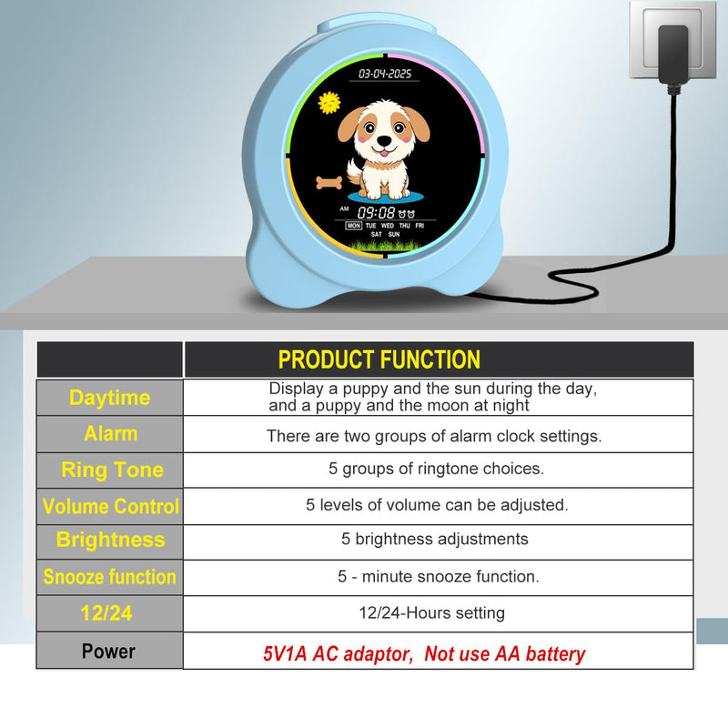 Kids Alarm Clock Sun & Moon& Dog LED Display with Day & Date OK to Wake Clock with Night Light for Kids Children's Sleep Trainer Gift for Boy and Girls Gog Blue