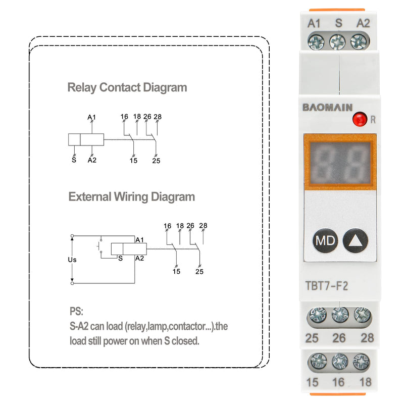 Baomain Digital Multi-Function Time Relay, 16A 20-Delay Modes 0.1s~99d, DIN Rail Mounting Timer Relay TBT7-F2 (2-SPDT)