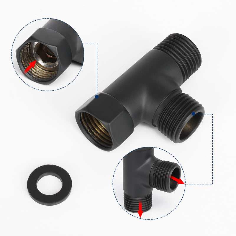 NearMoon Solid Brass G1/2" 3 Way Diverter Valve - Hose Fitting Tee, T Shape Adapter Connector for Angle Valve Hose, Bath Shower Arm, and Toilet Bidet Sprayer Faucet (Matte Black) Matte Black