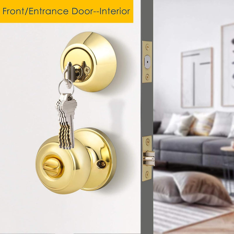 2 Pack Polished Brass Round Entry Door Knobs and Deadbolt Combination Set, Keyed Alike Double Cylinder Deadbolt Door Lock Set 2