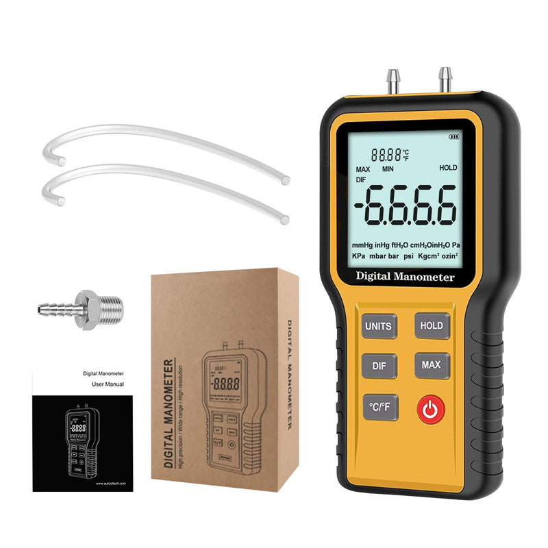 Digital Manometer Gas Pressure Tester with ±0.3% FSO Resolution, Differential Pressure Gauge with 12 Optional Units, Portable Air Pressure Gauge with LCD Backlight. YF-E2-QX1201