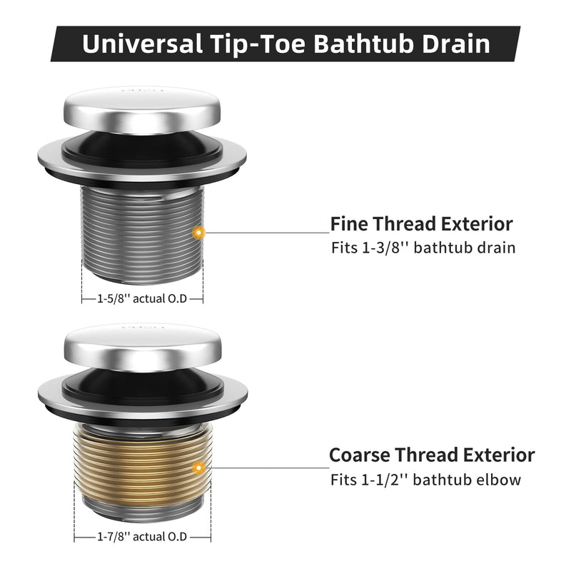 All Metal Tip-Toe Bathtub Drain Kit with Two-Hole Overflow Faceplate and Universal Fine/Coarse Thread Assembly, Bath Tub Drain Kit fits All Bathtub -Chrome Plated Chrome Plated