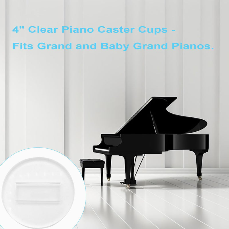 4" Clear Piano Caster Cups (with Dust Cloth) – Fits Grand Piano and Baby Grand Piano. These Piano Leg Floor Protectors are Suitable for Both Hardwood Floors and Carpets. Set of 4. (4)