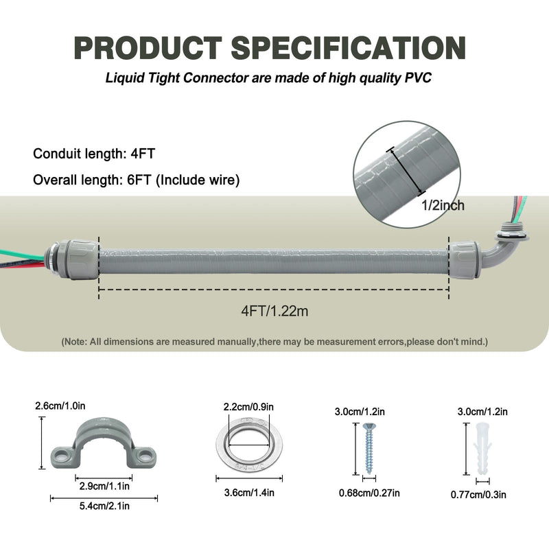 1/2" x 4Ft Power Whip Assembly Kit, Non-Metallic Liquid Tight Flexible Electrical Conduit with 10 Gauge Wire Electrical AC Whip Kit