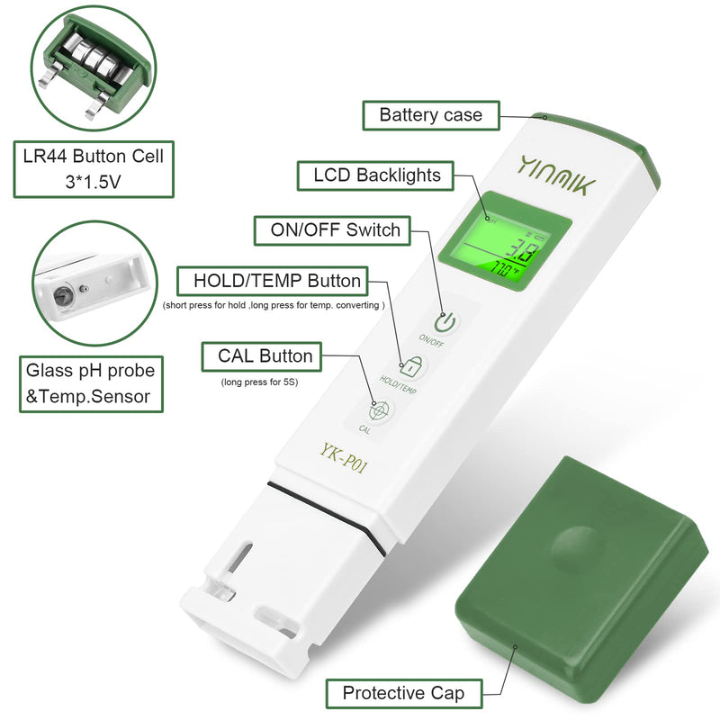 YK-P01 pH Tester Digital pH Meter for Water Hydroponics, Accurate pH Temp Meter with ATC for Pool, Spa, Hot Tub, Indoor Plants, Drinking Water, Wine Beer Home Brewing, Aquarium Green pH Tester - NewNest Australia