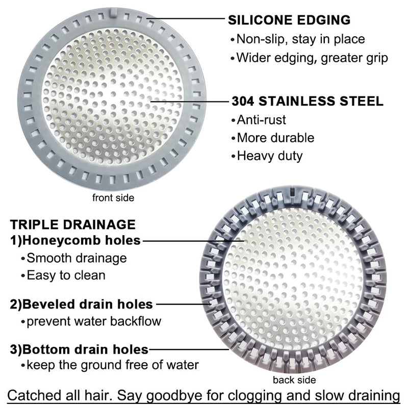 2PCS Shower Drain Hair Catcher/Strainer/Cover/Filter/Trap, Bathtub Catcher, Stopper for Stall Drain/Bathroom Floor Drain, Stainless Steel and Silicone Shield Silver