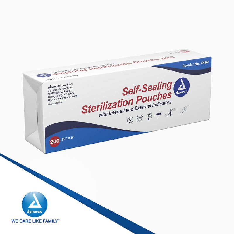 Dynarex Sterilization Pouches - Self-Sealing Autoclave Bags for Medical, Dental, Tattoo & Nail Care Tools - Blue-Tinted Transparent Cover, Dual Color Indicators - 3.5" x 9", 1 Box of 200 3.5" x 9"