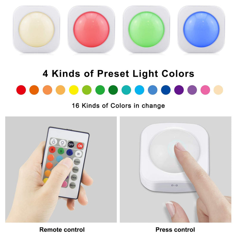 LUXSWAY Battery LED Color Lights, Puck Lights with 2 Remote,Tap Closet Lights, 16 Color Chaning RGB Light Stick to Wall, Under Shelf Lighting -4 Pack 16 Colors
