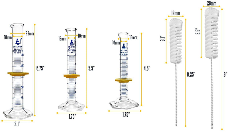 EISCO Graduated Cylinders & Cleaning Brushes - 5 Piece Set - ASTM, Class A - 5mL, 10mL, 25mL - Blue Graduations - 2 Nylon Bristle Brushes - Borosilicate 3.3 Glass