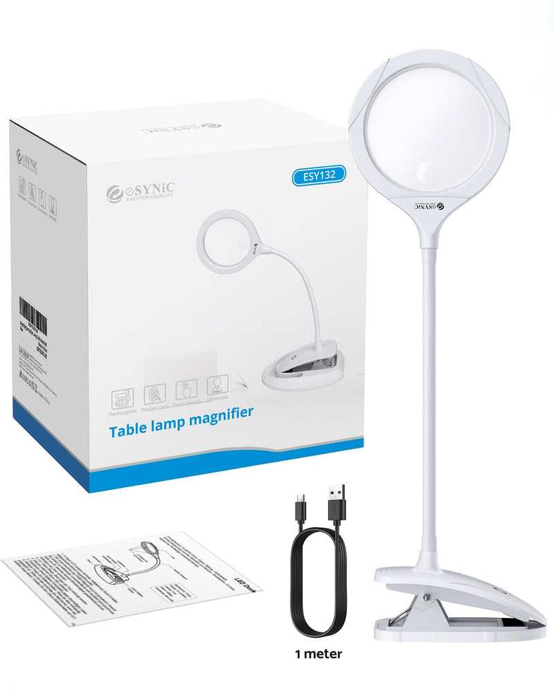 eSynic Lighted Magnifying Glass with Stand-USB-C Rechargeable-5X&10X Magnification-4.3" Large Lens-Desk Magnifier Lamp With Clamp & Heavy Base-3 Levels Brightness-Flexible Gooseneck for Reading Crafts