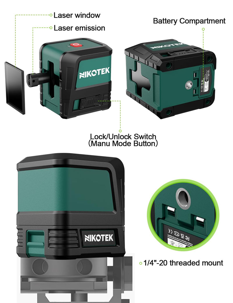 Laser Level, Self-leveling Green Line Laser With Horizontal and Vertical Lines for Construction and Picture Hanging, Battery Included
