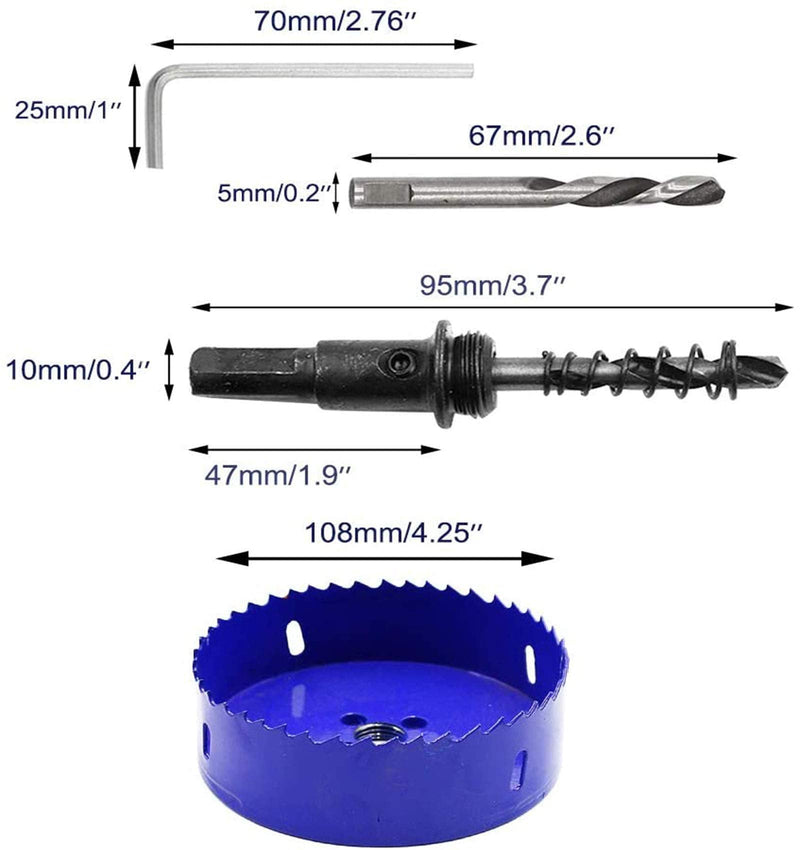 Luomorgo 4.25 inch 108mm Hole Saw, 1 1/4 inch Cutting Depth HSS Bi-Metal Hole Cutter with Hex Shank Drill Bit Adapter for Wood Cornhole Boards Plastic Drywall Fiberboard Blue 4.25" / 108mm