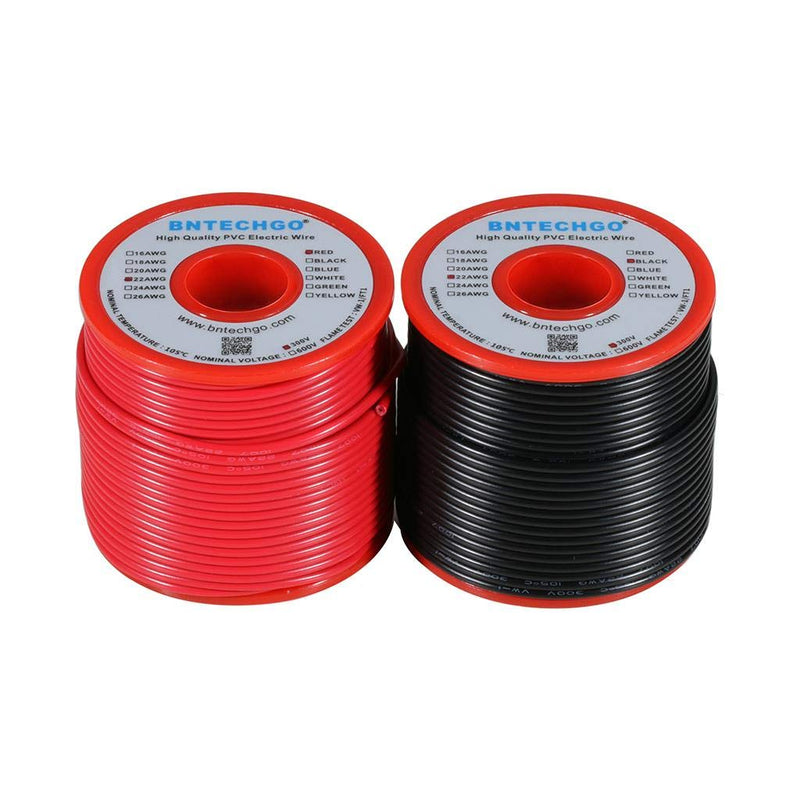 BNTECHGO 22 Gauge PVC 1007 Solid Electric Wire Red and Black Each 100 ft 22 AWG 1007 Hook Up Tinned Copper Wire 22 Gauge PVC Solid Wire Each Color 100ft 22 Gauge PVC Solid Wire red and black