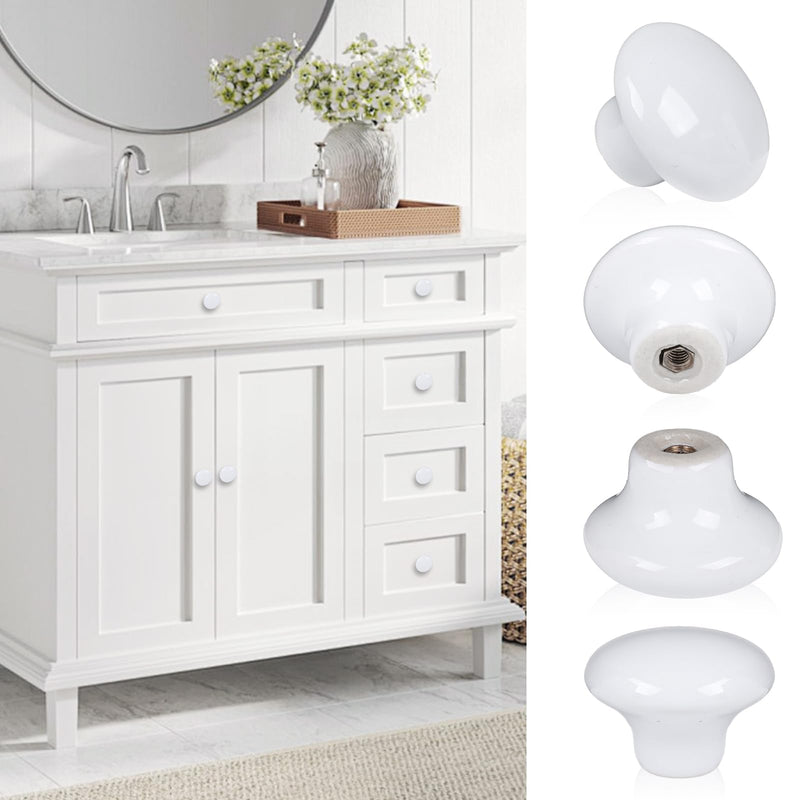 4X White Door Knob Cabinet Retro Round Ceramic Drawer Cupboard Kitchen Dresser Pull Handle Knobs 32mm/1.25" with 3-Sized Screws 4pack