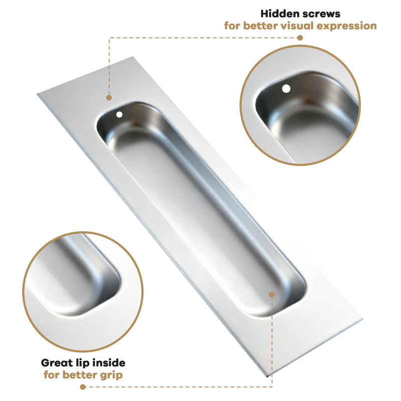 Lethato Brushed Silver Pocket Door Hardware, 6 Rectangular Recessed Flush Finger Pull Stainless Steel Sliding Door Handle for Closet Door Large Drawer Barn Doors - 3 Pack 3 Packs - Brushed Silver