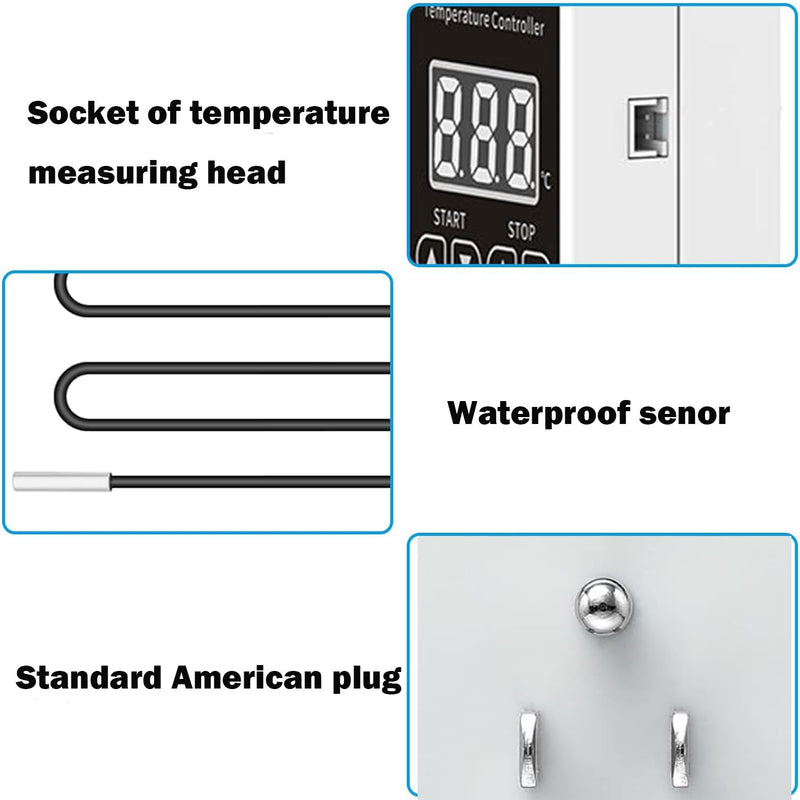 Digital Thermostat Plug Socket, Only Celsius Display LCD Screen Temperature Controller with Waterproof Sensor Probe, Heating Cooling Temperature Switch Outlet for Reptile Greenhouse Terrarium