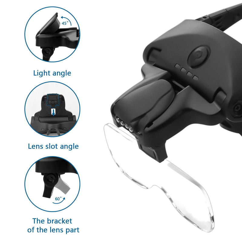 Headband Magnifying Glass with 4 LED Lights, Rechargeable Head Magnifier with 5 Detachable Lenses 1.0X, 1.5X, 2.0X, 2.5X 3.5X - Hands Free Lighted Magnifier Glass for Jewelry, Crafts, Cross Stitch Black 1.0X, 1.5X, 2.0X, 2.5X, 3.5X Head Magnifying Glass