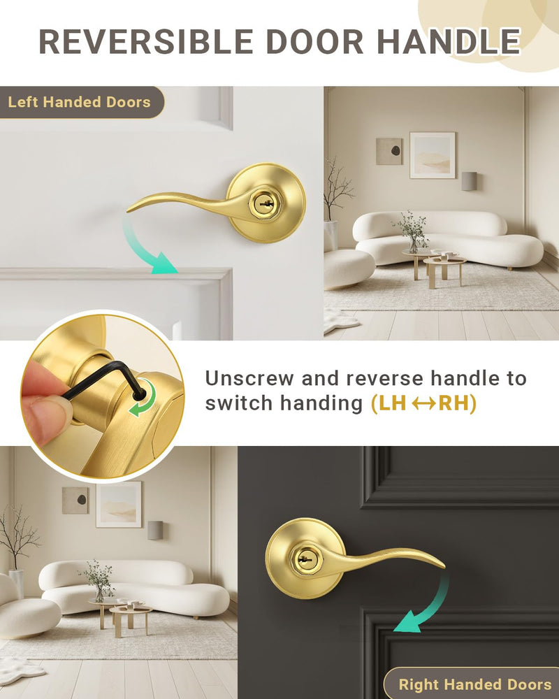 KNOBWELL 2 Pack Gold Door Handle with Lock and Key, Keyed Alike Gold Door Knob for Front/Entrance/Bedroom, Reversible for Left&Right Keyed Entry(Keyed Alike)