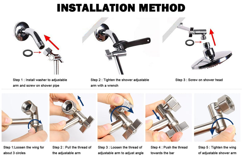 Adjustable Shower Arm Universal Connection, NearMoon Solid Brass Shower Extension Arm, Adjust Angle to Upgrade Shower Experience, Easy to Install, Anti-leak (Chrome Finish) Chrome Finish