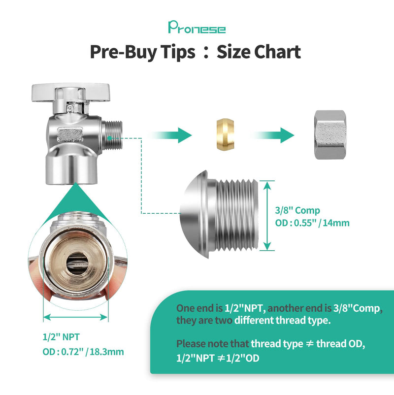 2 Pack Premium Brass Chrome plated 1/2" FIP Female Thread x 3/8 Inch OD Compression Quarter Turn Water Angle Stop Valve Shut Off