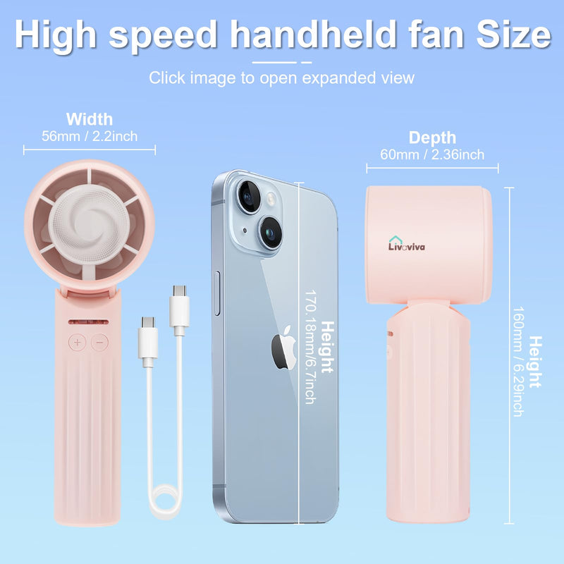 Handheld fan, adjustable blowing angle, mini portable turbo fan, USB Type-C rechargeable, infinitely variable speed high-speed personal fan, 11 Hours Battery Life (Pink) Pink